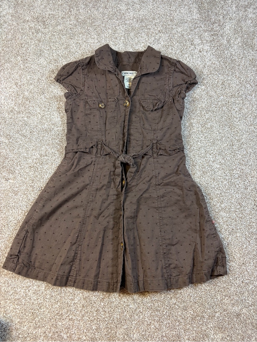 Cherokee Brown Short-Sleeve Button Front Dress with Tie Waist